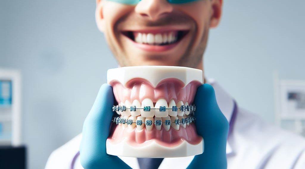 Orthodontist holding sample teeth with braces