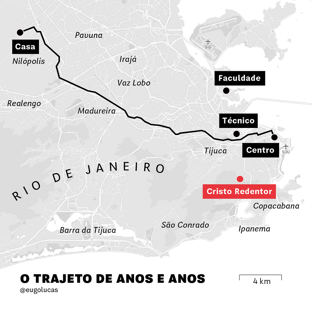 Mapa do Rio de Janeiro mostrando a distância da minha casa para os lugares da cidade que frequentava