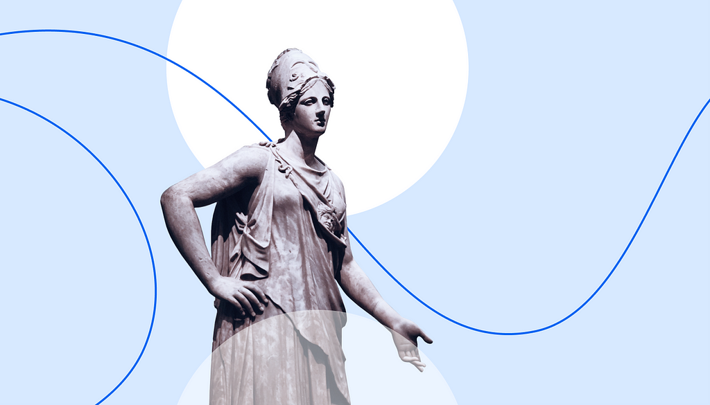 A collage presenting a statue of Athena surrounded by abstract shapes in cold colours.