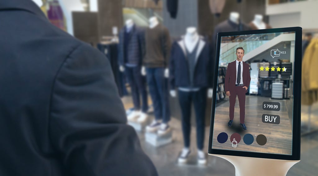 Man virtually tries on a brown suit at a clothing store using AR on a tablet