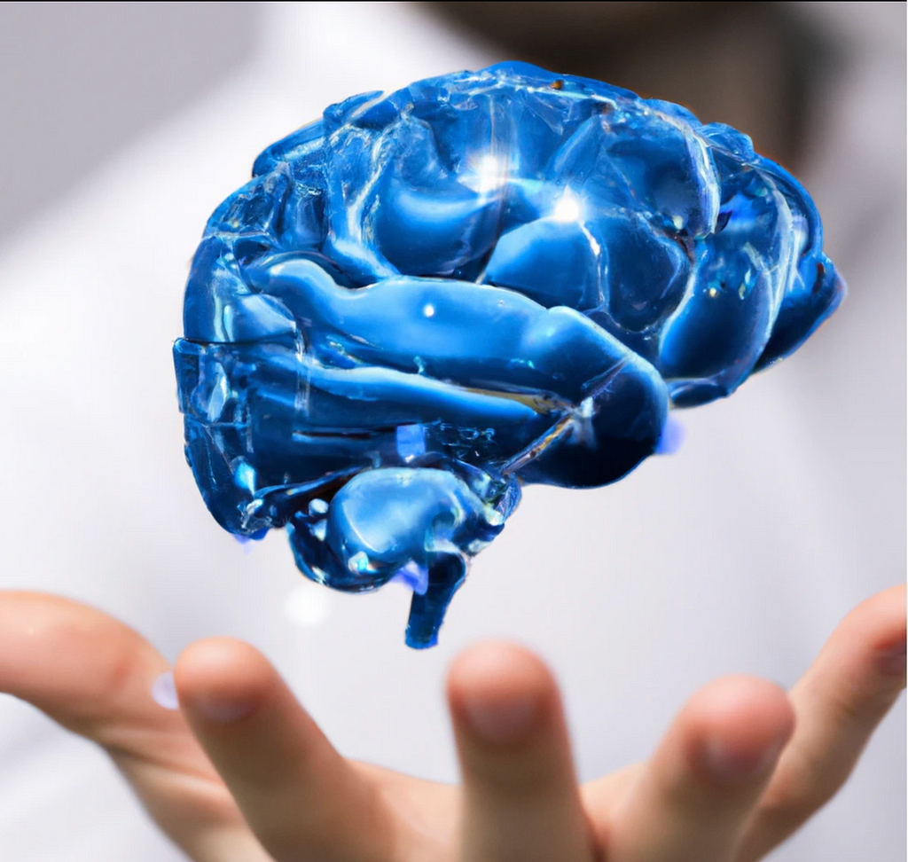 A bule model of brain floating over a hand
