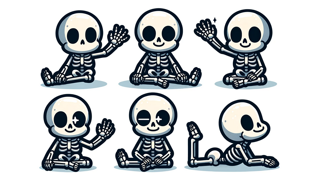 Illustration of a horizontal sticker sheet where a skeleton character with identical features is in different poses. The skeleton is seen waving, sitting cross-legged, lying down, and stretching. The facial and body features of the skeleton remain consistent across all poses