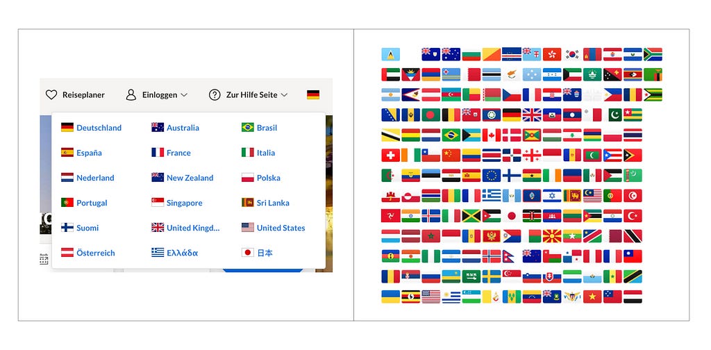 Left: Locale switcher showing grid of country flags and names | Right: Sprite of all country flags