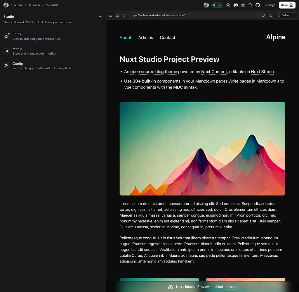 Nuxt Studio: Content and studio features on the left, live preview section on the right
