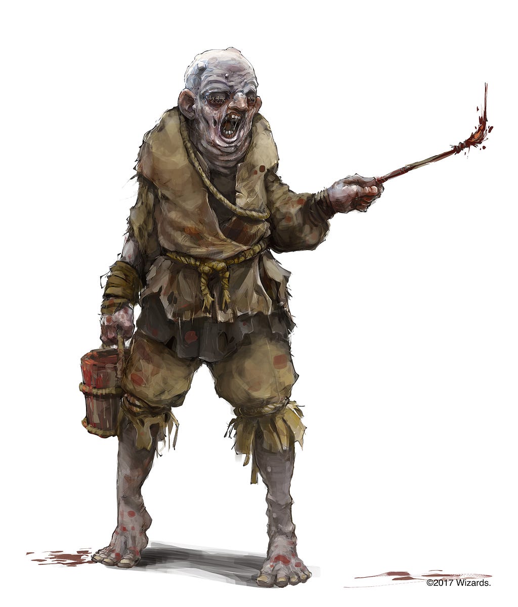 An undead man in rags with his eyes sewn shut holding a paintbrush.