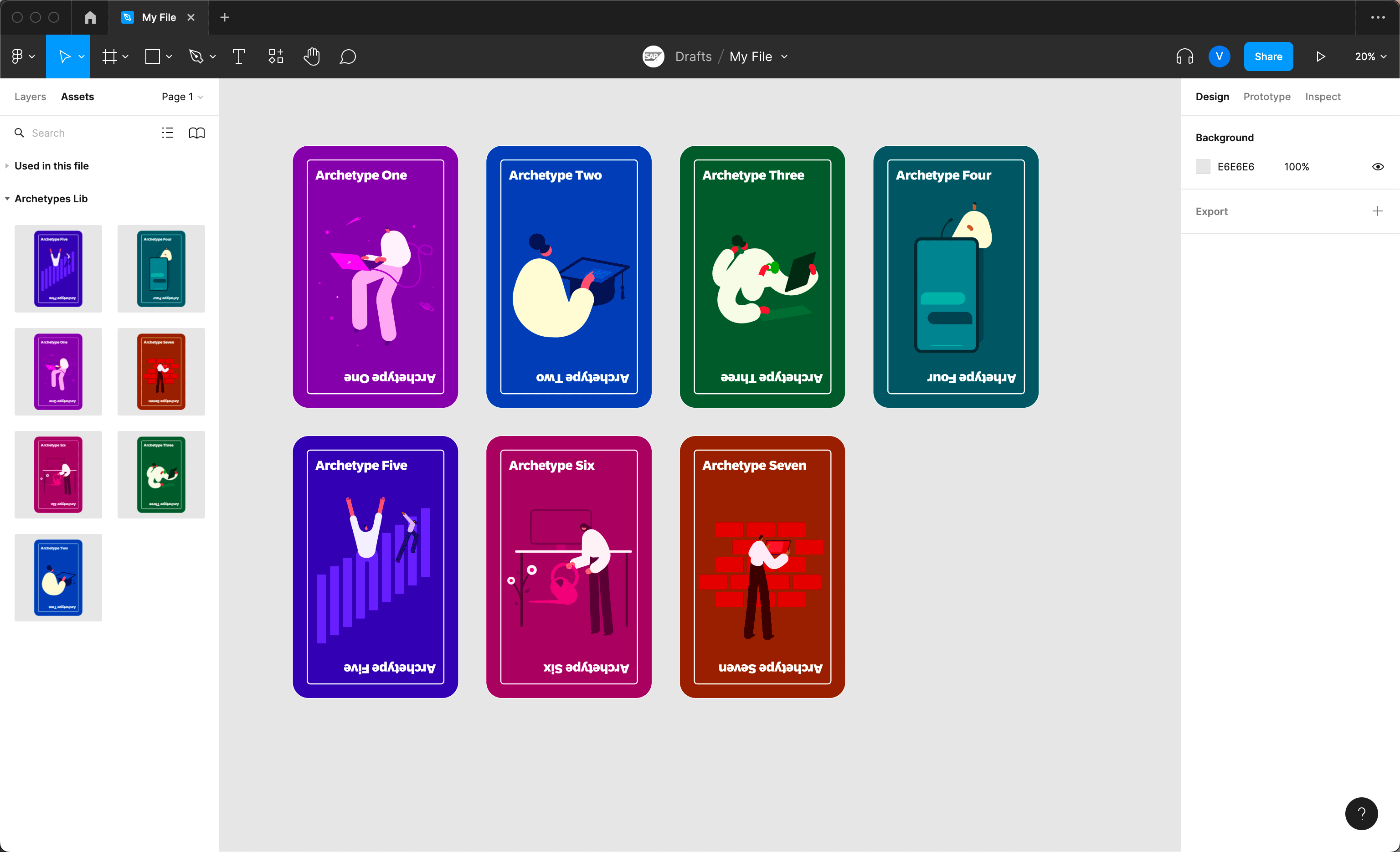 An animated image showing a screenshot of the seven Archetypes Cards inserted into a Figma file in the “Cover” view. The fourth Archetype Card gets changed to a “Summary” view by selecting the “Card Type” dropdown on the righthand control column. The card continues to change to “Detailed” view and then “Detailed + Quotes” view.