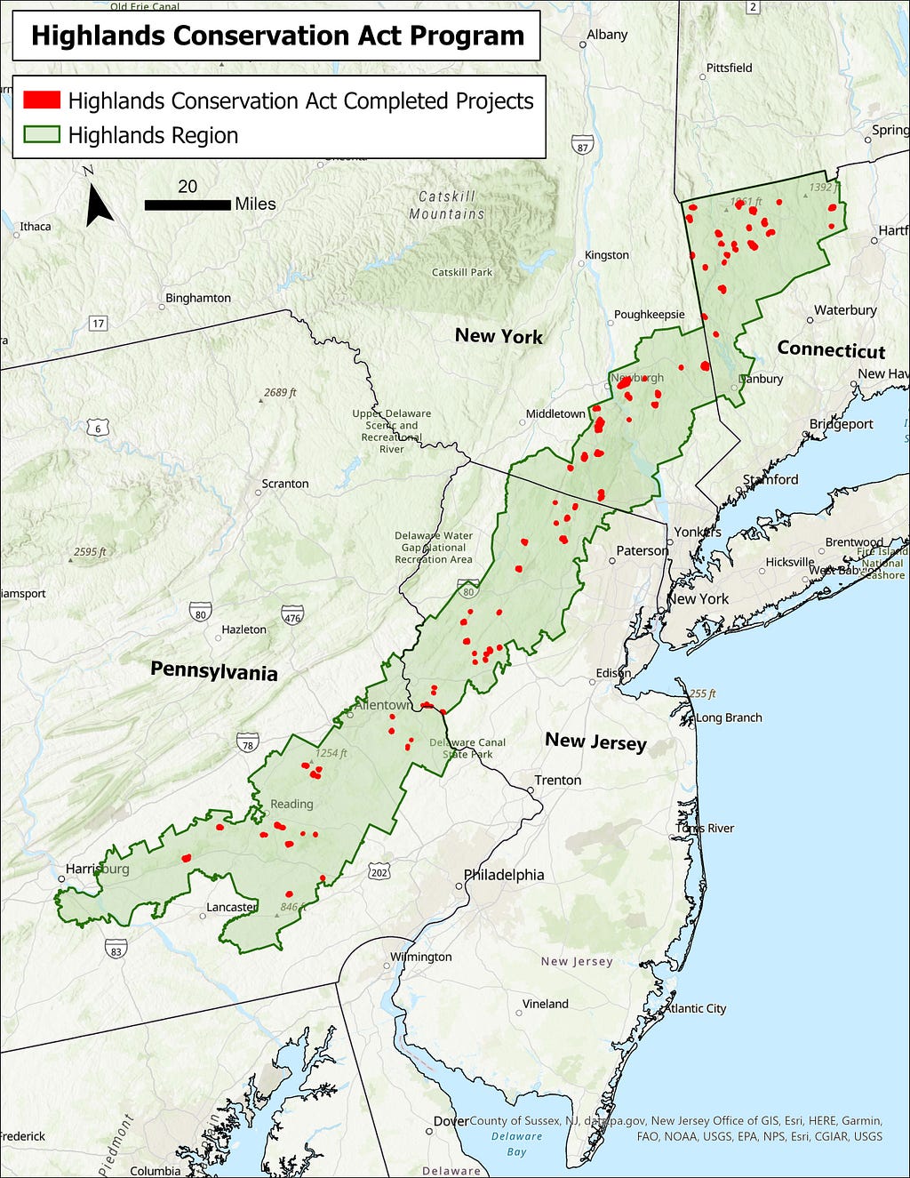 a map with a long, narrow green area spanning from western CT, through norther NK, to eastern PA with dozens of red dots marking project sites within