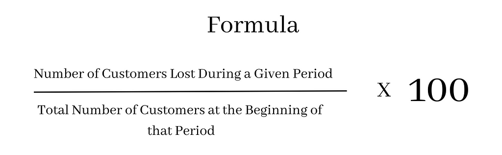 Formula for Churn rate. Dividing the number of customers lost during a given period by the total number of customers at the beginning of that period.