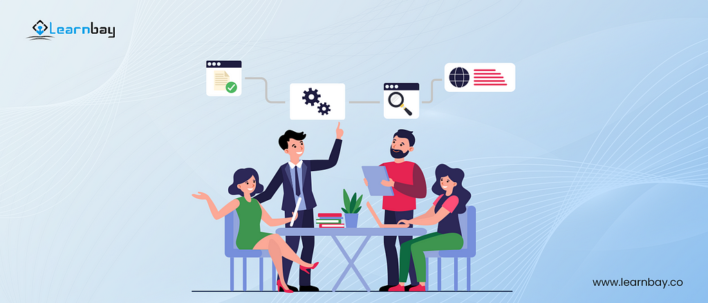 An image shows different professionals from diversified settings working together and discussing HR functions. The background image shows a professional standing and interacting with others about the process of people management using HR analytics software.