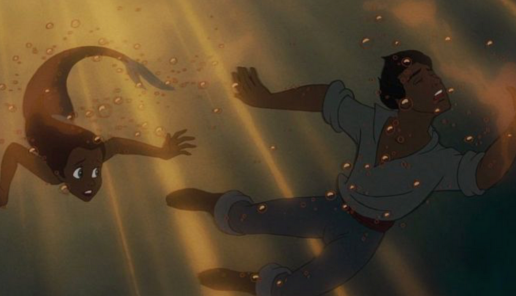 A drowning Prince Eric is about to be saved by Ariel.