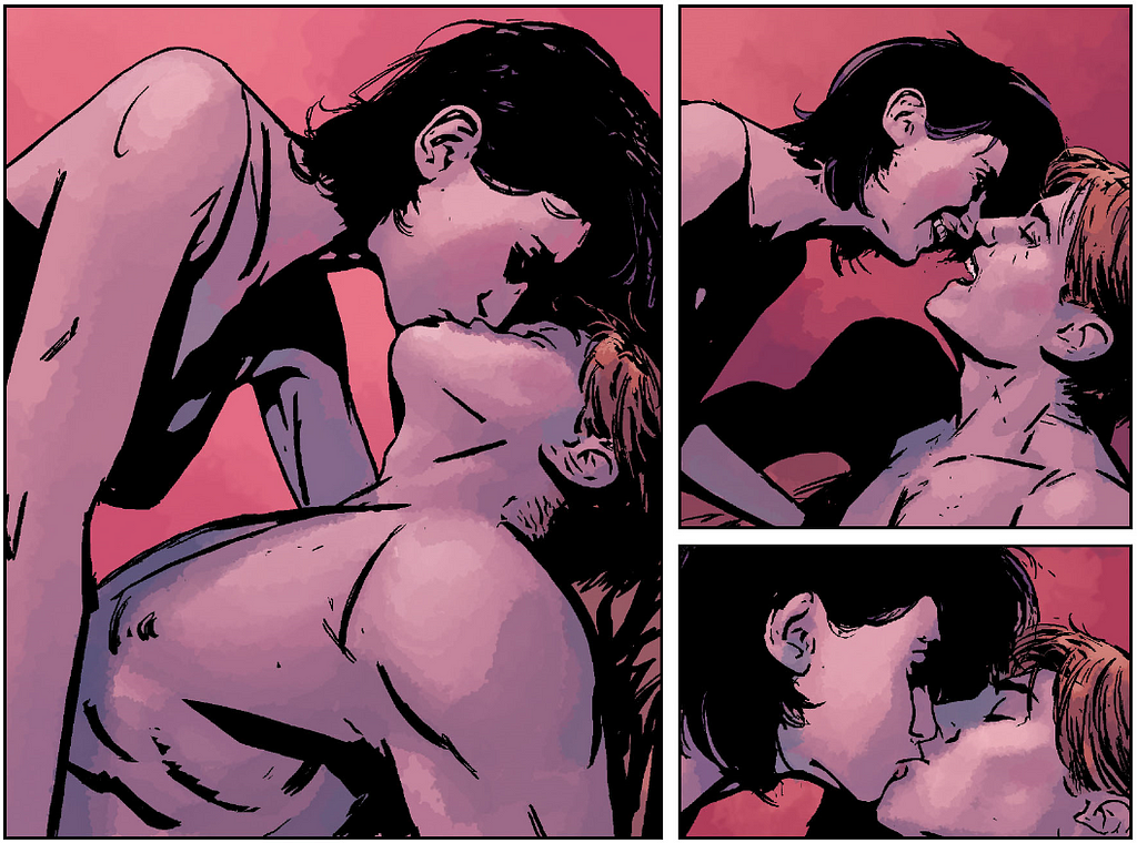 Three panels. Left: Milla over Matt, kissing. Top right: They pull back. Bottom right: kiss again.