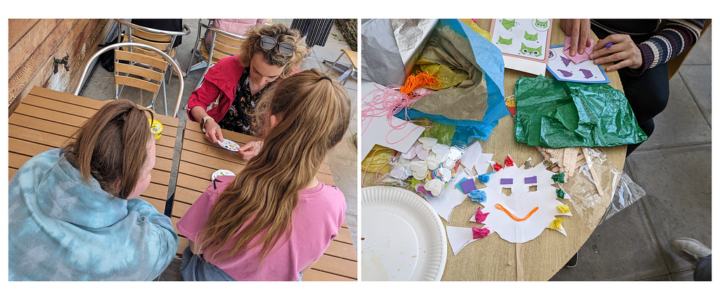 Image on left — 2 young people playing dobble with an adult, Image on right — various craft activities on laid on the table, including a mask which has been made