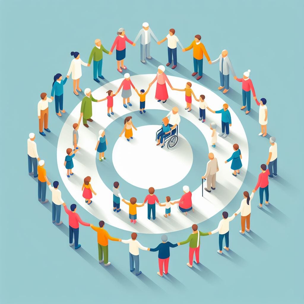 An assortment of individuals standing in concentric circles, some holding hands.