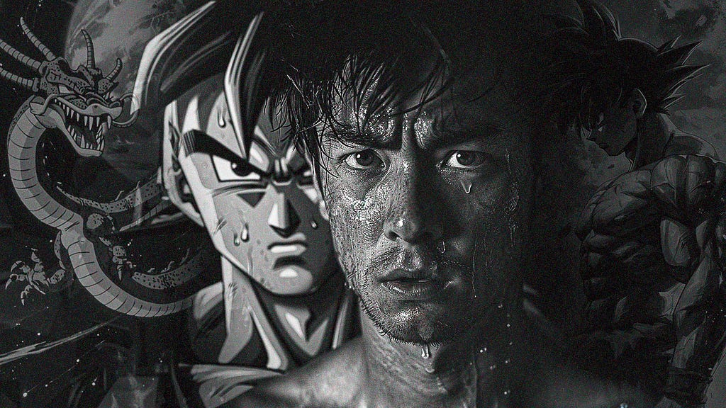 Uma imagem em preto e branco, gerada por Inteligência Artificial e editada no PhotoShop, do Akira Toriyama, criador do desenho Dragon Ball.