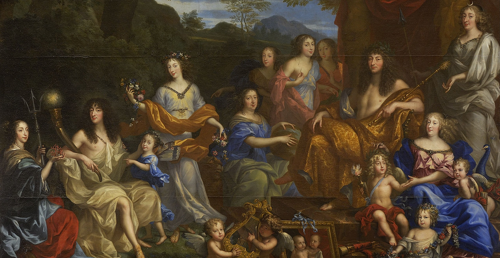 A painting of a large group of people dressed like ancient gods, including men, women, and children. Louis XIV, the king, relaxes in the top right corner.