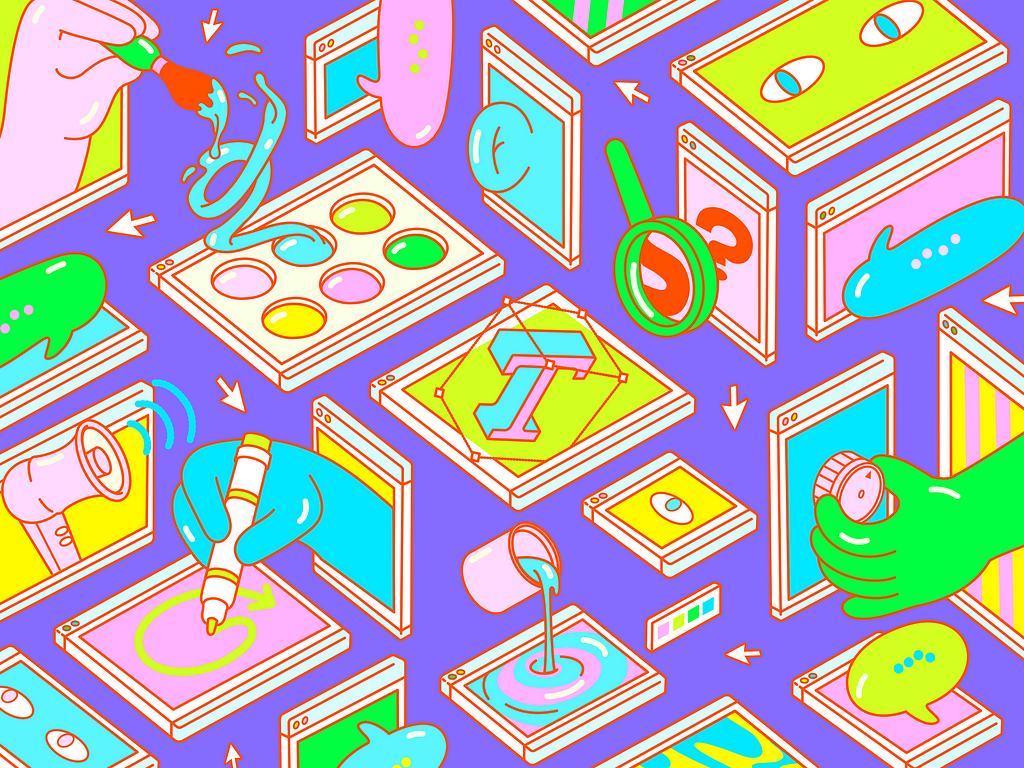 An pink, yellow, teal, and lime green illustration of squares and rectangles on a purple background. From three of the rectangles emerge a pink hand holding dipping a brush into a palette of paint, a blue hand drawing a circular line with a pen, and green hand turning a knob. More rectangles and squares with speech bubbles, pairs of eyes, an ear, a megaphone, and a capital T in a bounding box.