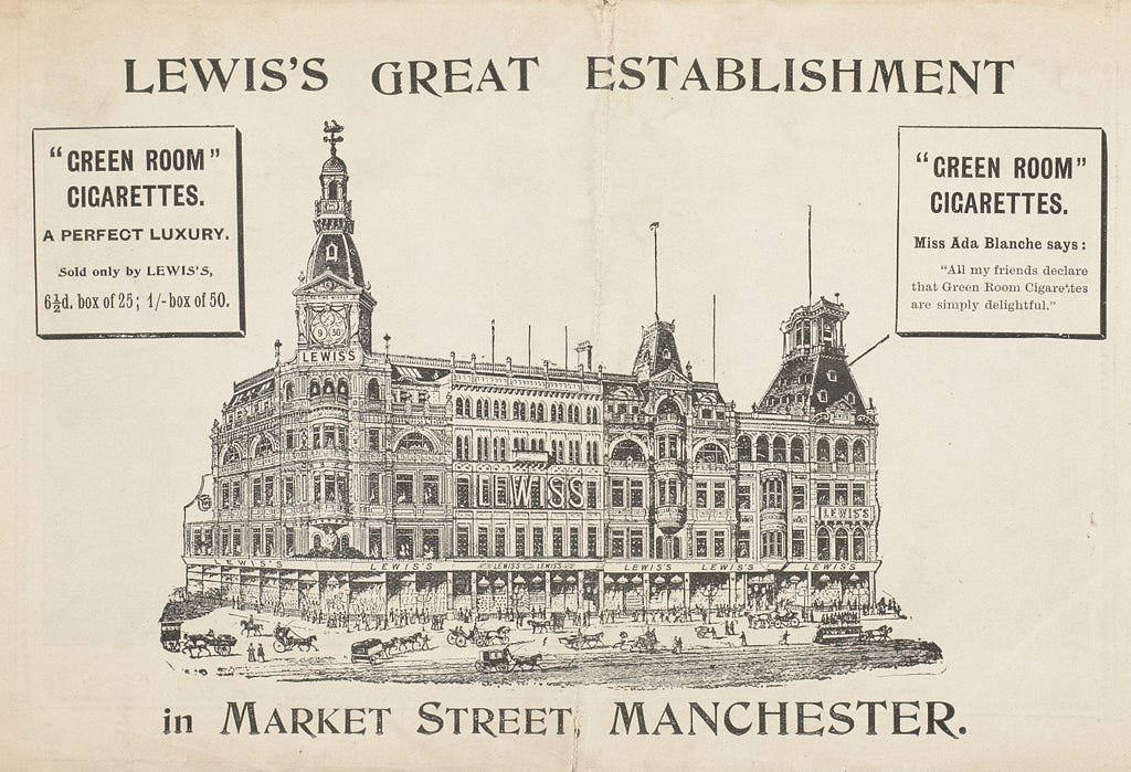 Impressive five-storey, window-filled building with three corner towers, on busy street. Adverts for Green Room cigarettes.