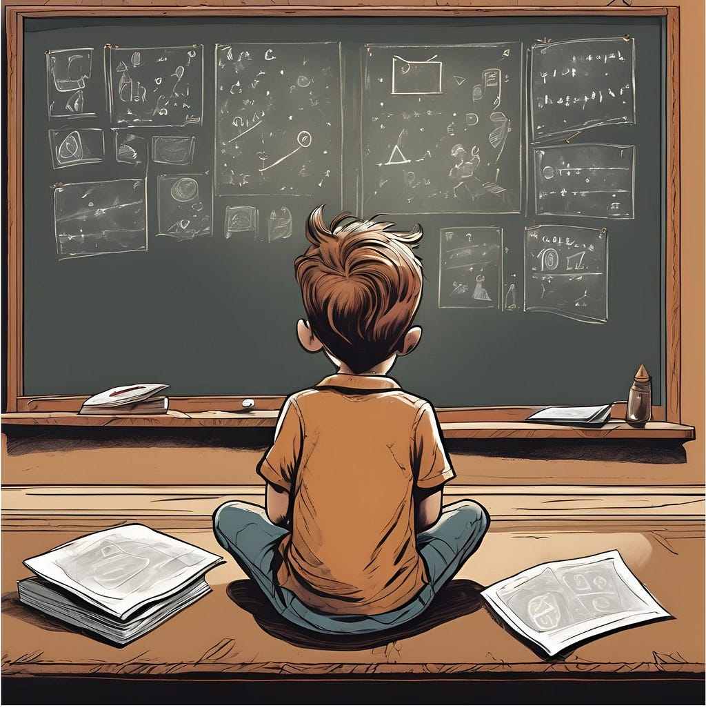 A boy sitting in front of the blackboard and trying to understand the garbled writing. Image created on Canva by Author.