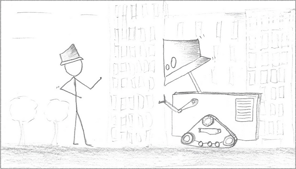 Sticky figure style drawing with human wearing a hat standing in front of a squarish robot wearing a similar style of hat, ostensibly trying — and failing — to look like the human.