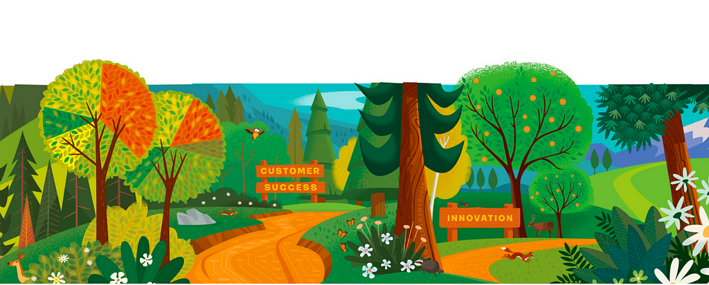 Illustration of paths through a forest with two signs: Customer success and Innovation