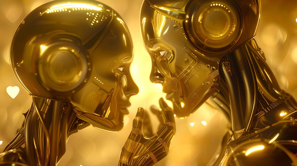 Two golden humanoid robots in a tender moment.