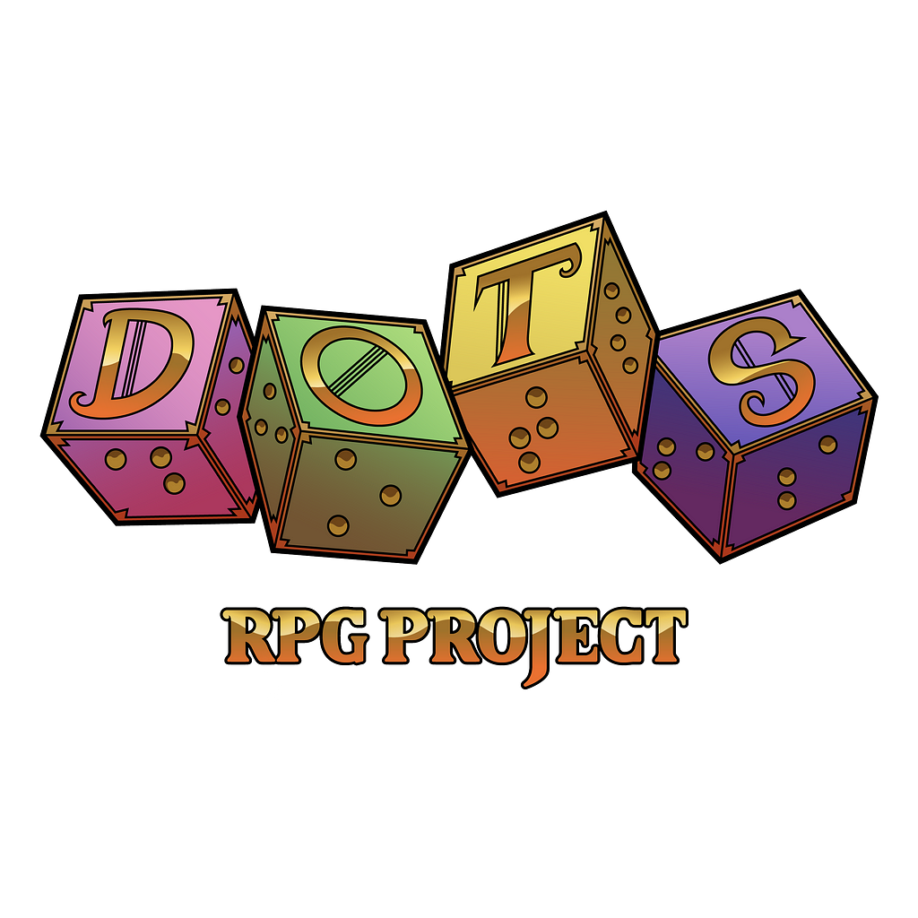 Four 6-sided braille dice each displaying a letter of DOTS. Underneath it reads RPG Project.