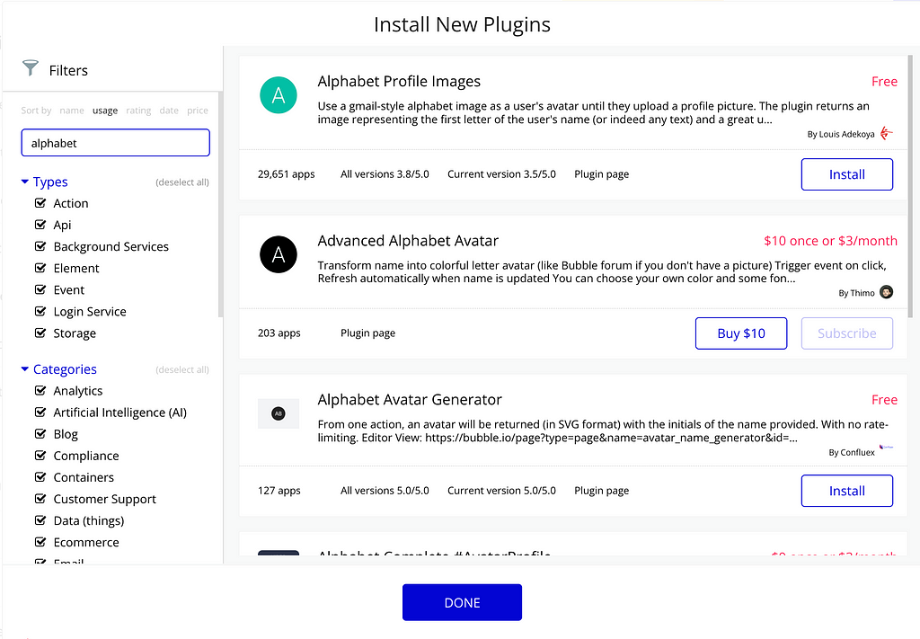 A picture of the bubble plugins tab, showing plugins that help you generate alphabet images for your bubble app.