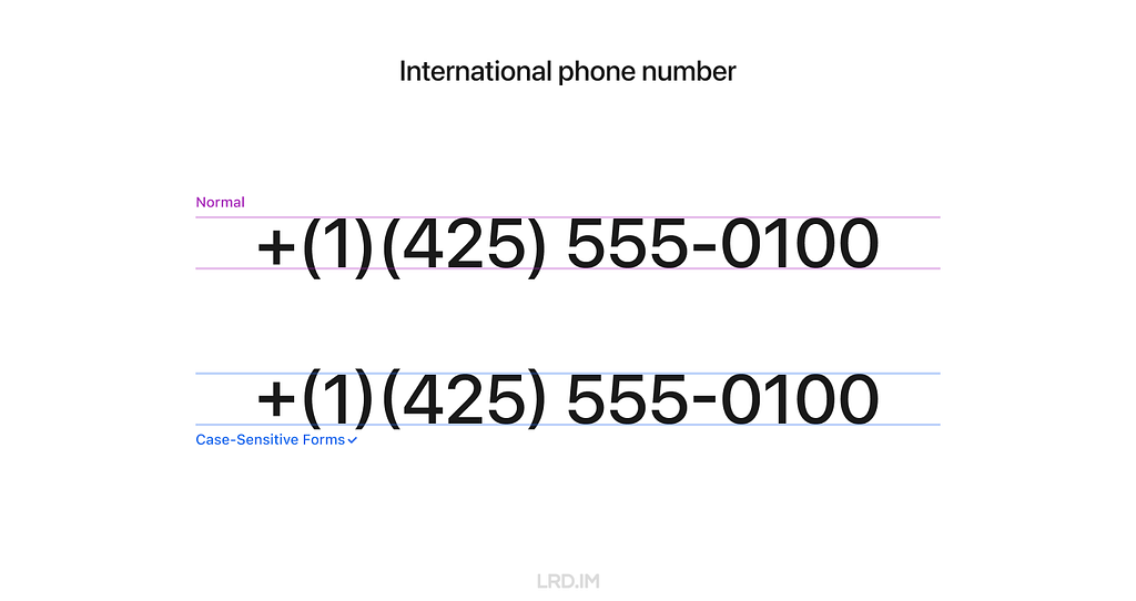 Graphic displaying an international phone number ‘+1(425) 555–0100’ with normal and Case-Sensitive Forms formatting in Figma.