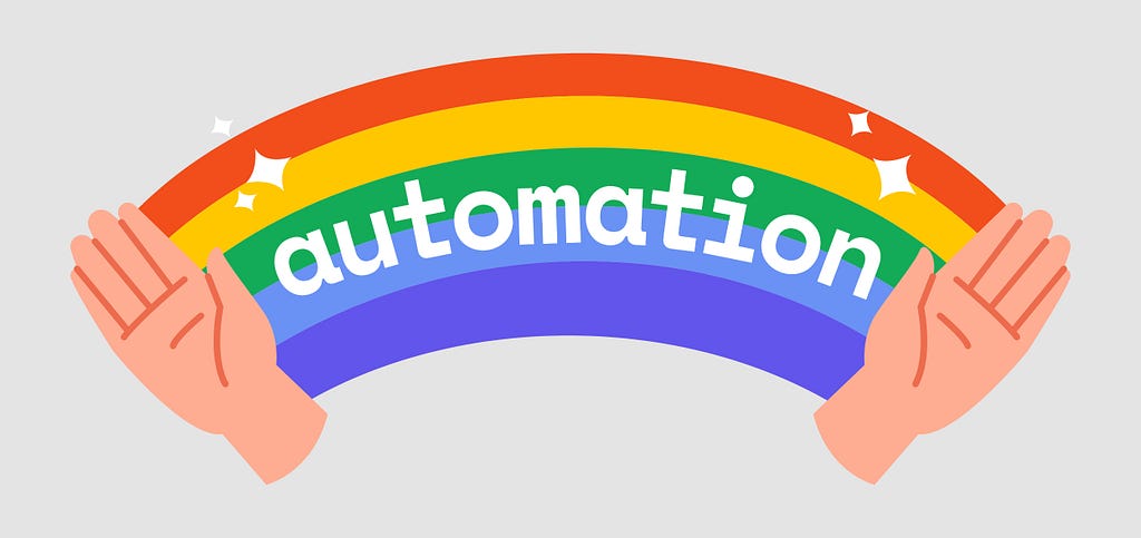 Two hand opening a sparkling rainbow with word ‘automation’ in the middle.