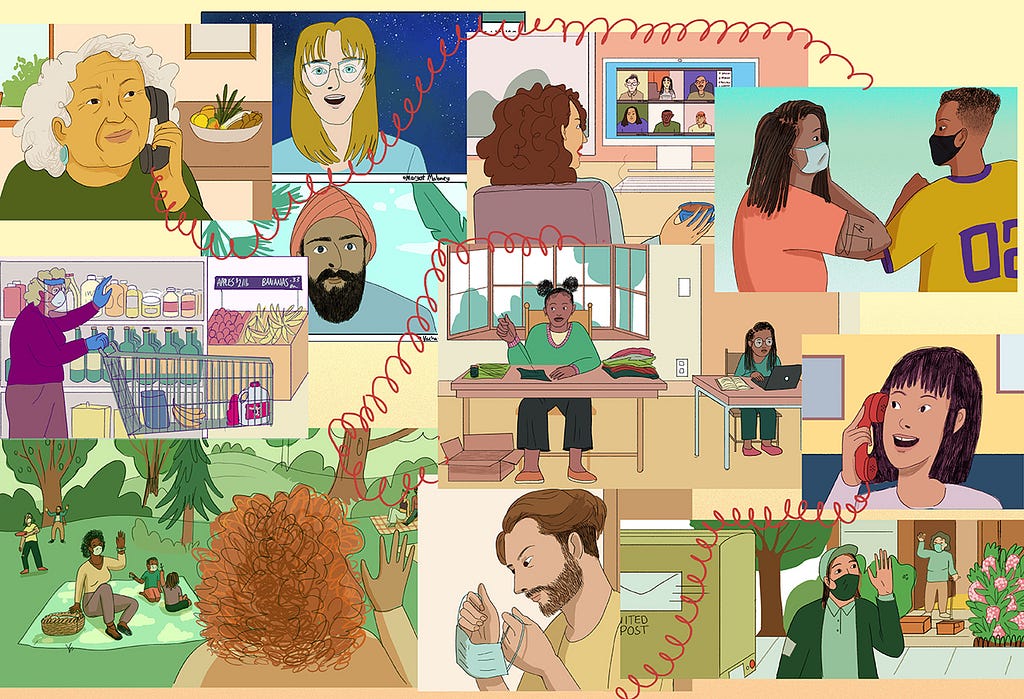This colorful illustration is a collage of ten tiles that thematically depicts what life has been like inside the coronavirus pandemic. Clockwise from upper left: an elder speaks with her younger family member (located far bottom right) with a traditional land line telephone cord serving as the lifeline to loved ones. Remote work is portrayed in the next two tiles along with social distancing, frontline labor (a delivery), and mask wearing. Home schooling is centered. Shopping completes the arc.