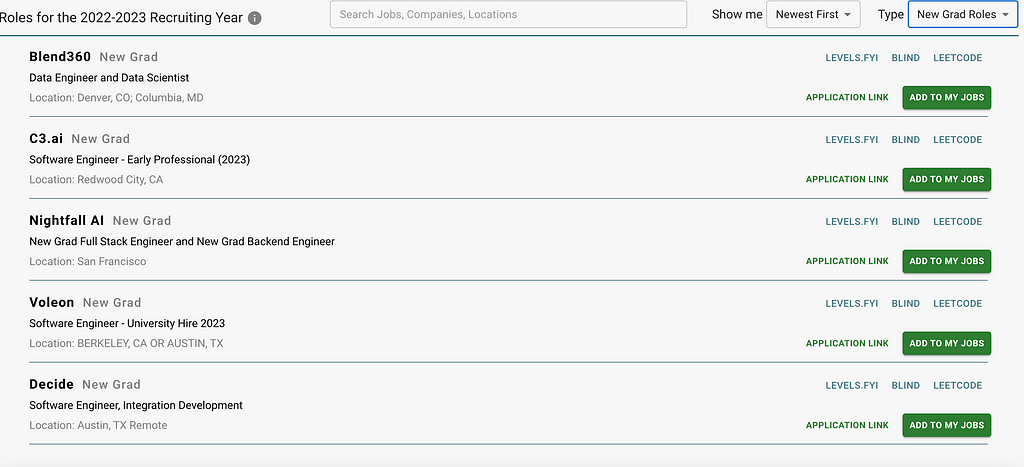 A page for users to find relevant and frequently updated tech roles. They can filter by type of role, sort by freshness of the application, or search anything, and can explore more about a company with the relevant links.