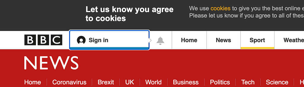 Screen shot of BBC News Website, showing the focus outline around the Sign in link