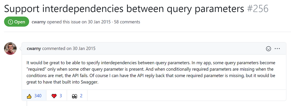 GitHub issue requesting support for inter-parameter dependencies in OAS