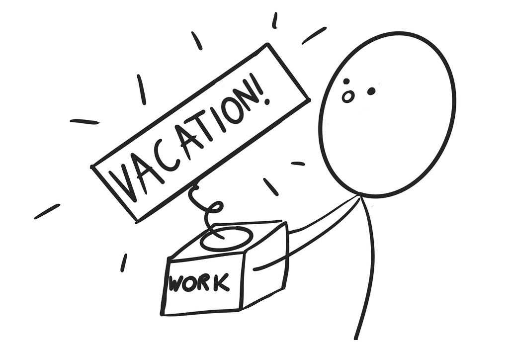 Doodle of a sticky character holding a surprise box with the word “Work” on the side. Surprisingly, the word Vacation pops out of the box on the spring.