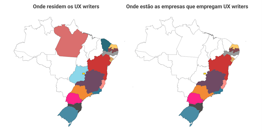 Dois mapas do Brasil destacando os estados onde residem os ux writers e onde estão as empresas empregadoras. Os principais insights estão descritos a seguir.