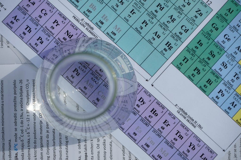 birds-eye view of desk with colorful periodic table and lab bottle