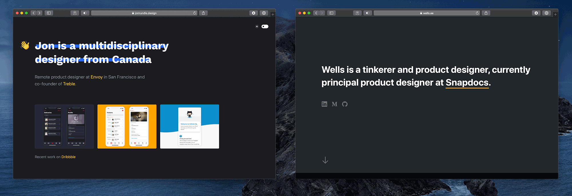 Example of two portfolio websites toggling between dark and light appearance on MacOS
