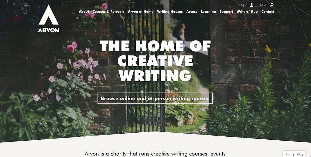 A screenshot of the Arvon Foundation homepage above the scroll in early 2023.