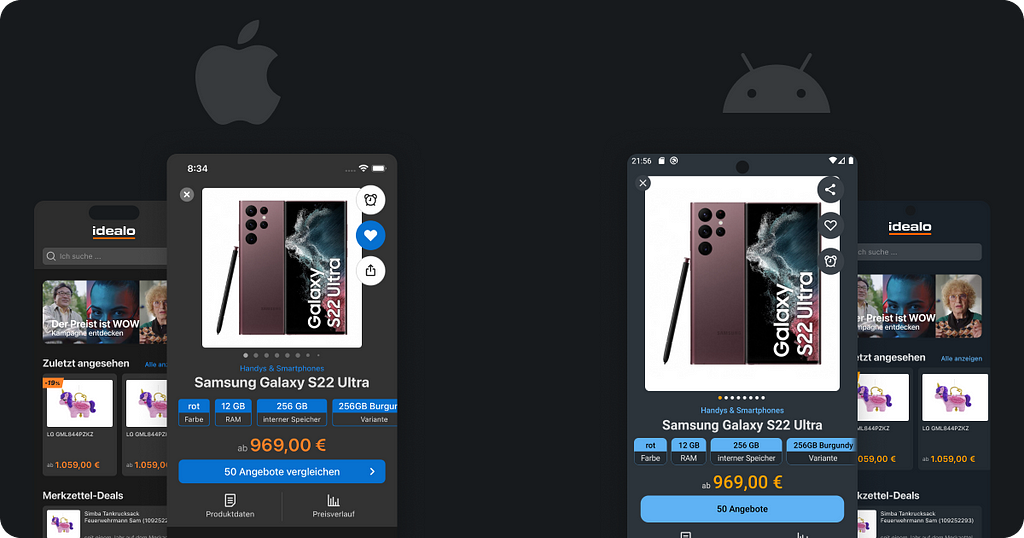 Screenshots of both idealo Shopping apps Dark Mode, left iOS and right Android
