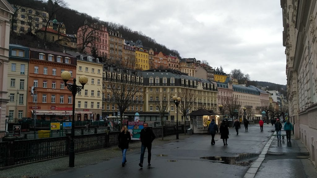 Street photo of the beautiful Karlovy Vary on a rainy day.