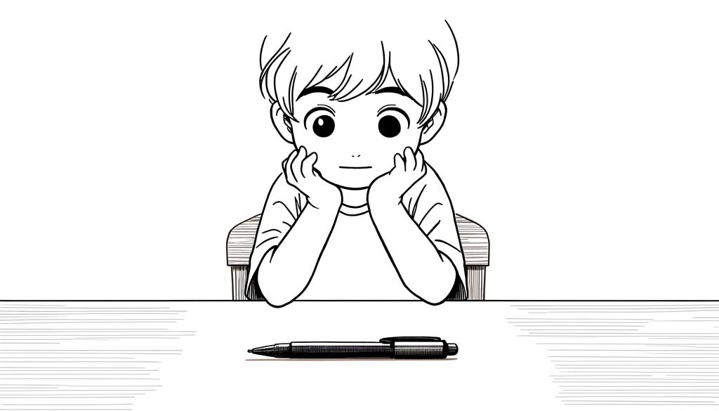 A child is looking at a pen on the table.