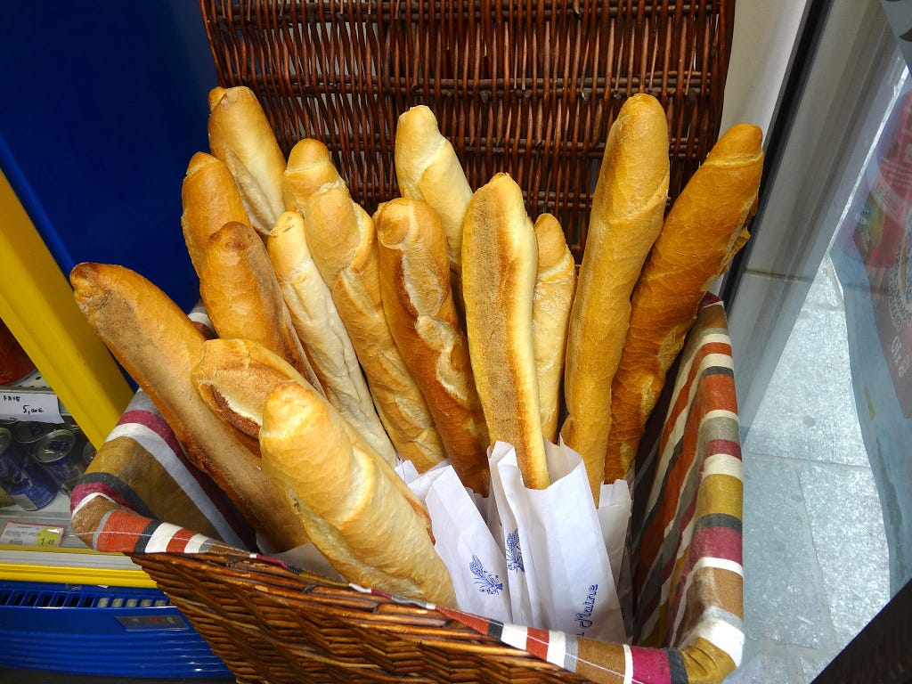 A basket full of baguettes