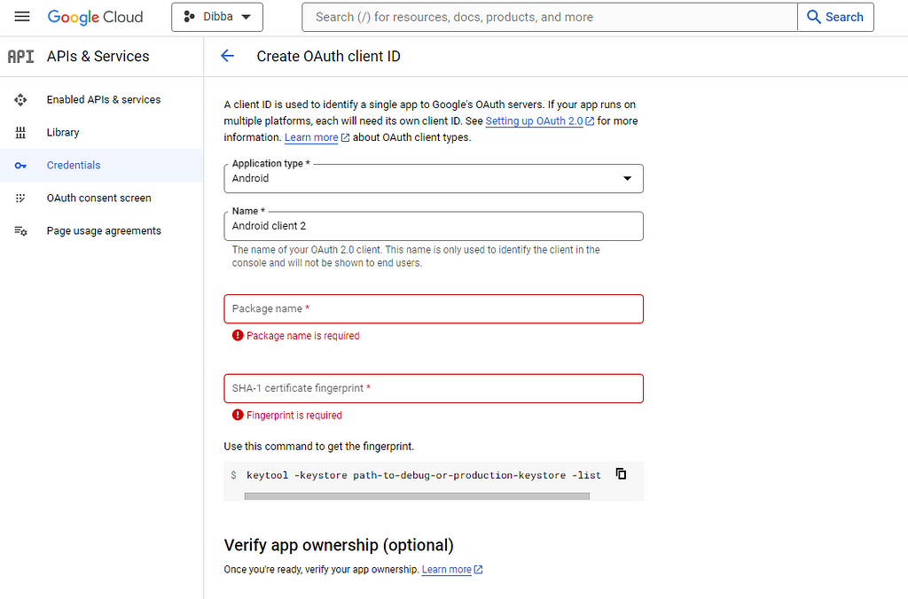 Google Cloud Console, Android API Client ID