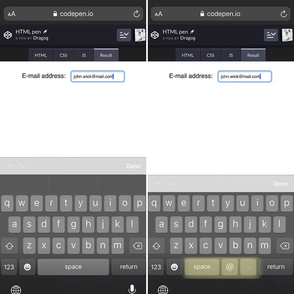 Side-by-side screenshots of the iOS on-screen generic keyboard, vs the email specific keyboard