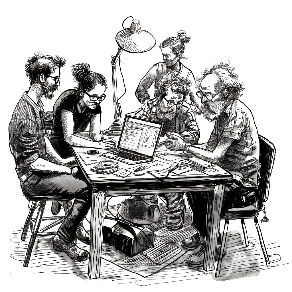 An illustration of a team of professionals sat around a table with a laptop on top of it