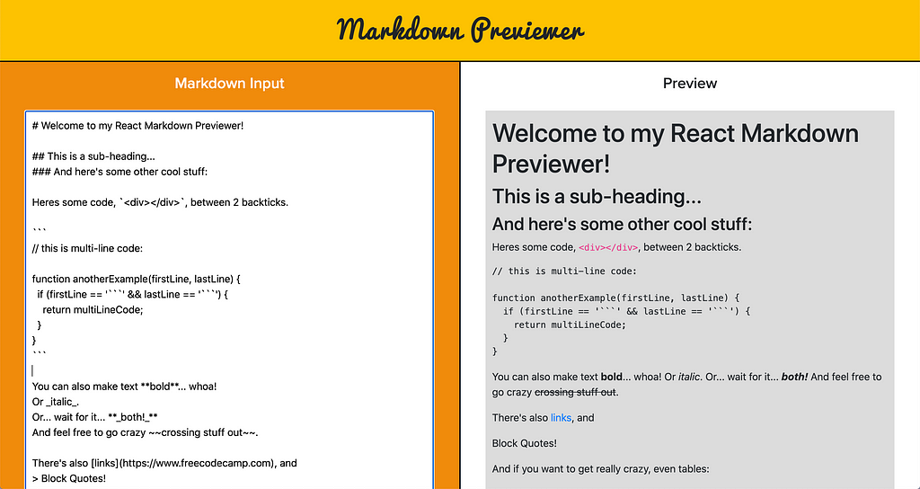 A screenshot of the markdown preview that I made, when you edit text