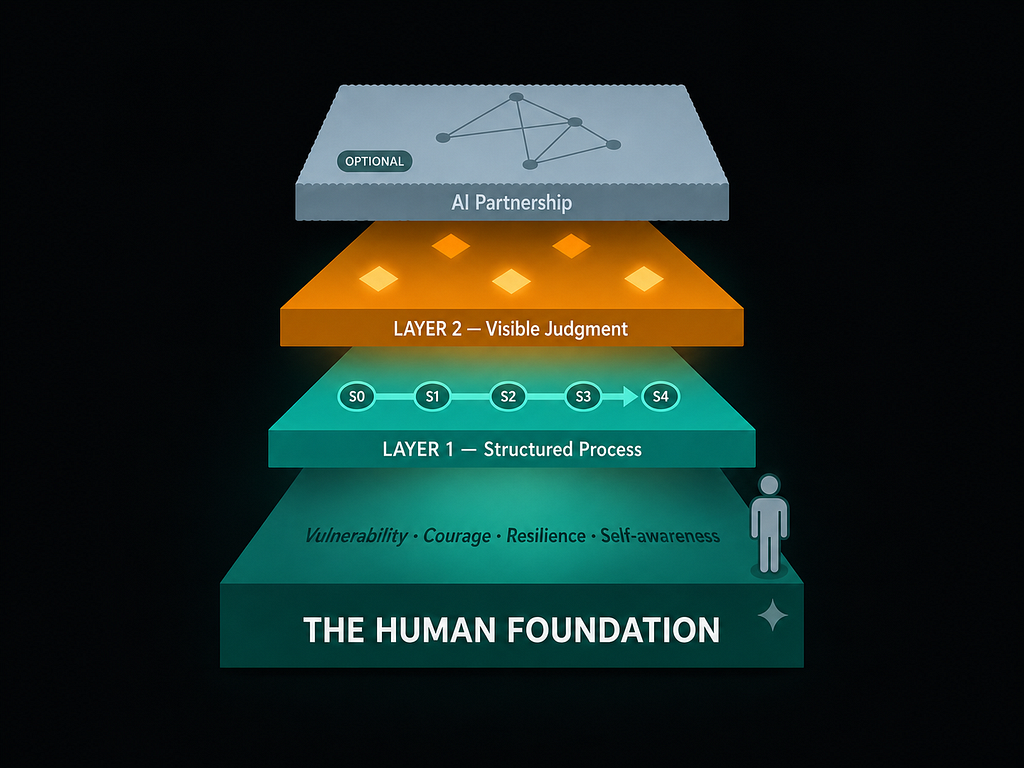 Isometric diagram showing the four-layer architecture of the Discovery Judgment Framework. From base to top: The Human Foundation (deep teal, with qualities Vulnerability, Courage, Resilience, Self-awareness and a human figure); the Structured Process (medium teal, five sequential stages S0 to S4); the Judgment layer (amber-orange, six luminous diamond points); and the optional AI Partnership layer (grey, network diagram). Near-black background.