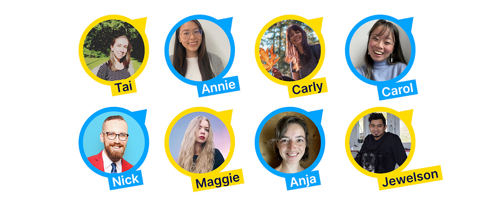 Hackathon team of 8: Tai, Annie, Carly, Carol, Maggie, Anja, Jewelson