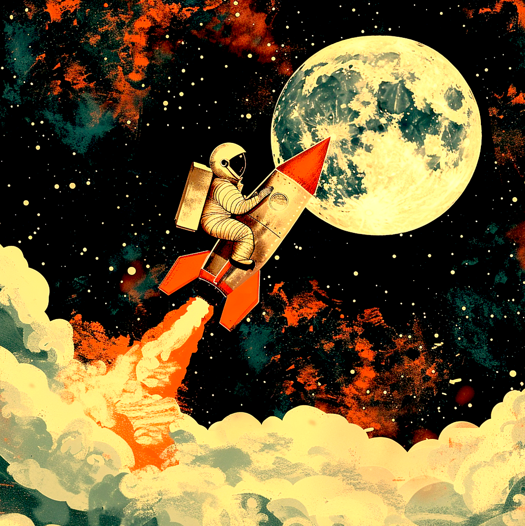 Image of a man riding a rocket to the moon. Image produced using Midjourney