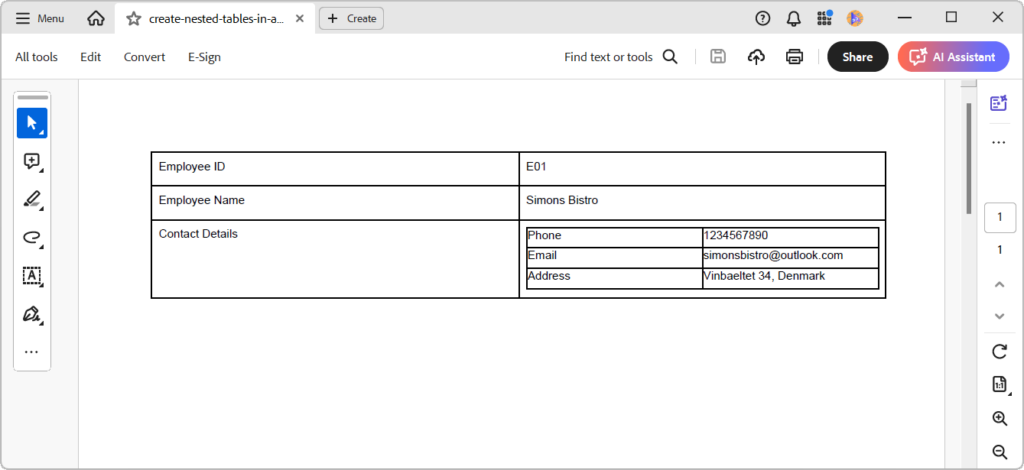 Creating nested tables in a PDF using the .NET PDF Library